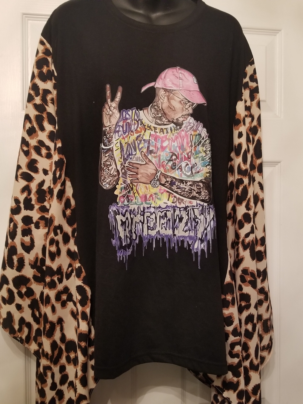 Chris BROWN Graphic Kimono Tee With Leopard Sleeves- Custom Top - Picture 1 of 1